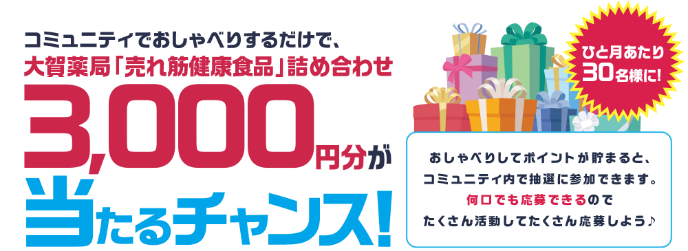 コミュニティでおしゃべりするだけで、大賀薬局「売れ筋健康食品」詰め合わせ3,000円分が当たるチャンス！ひと月あたり30名様に！おしゃべりしてポイントが貯まると、コミュニティ内で抽選に参加できます。何口でも応募できるのでたくさん活動してたくさん応募しよう♪