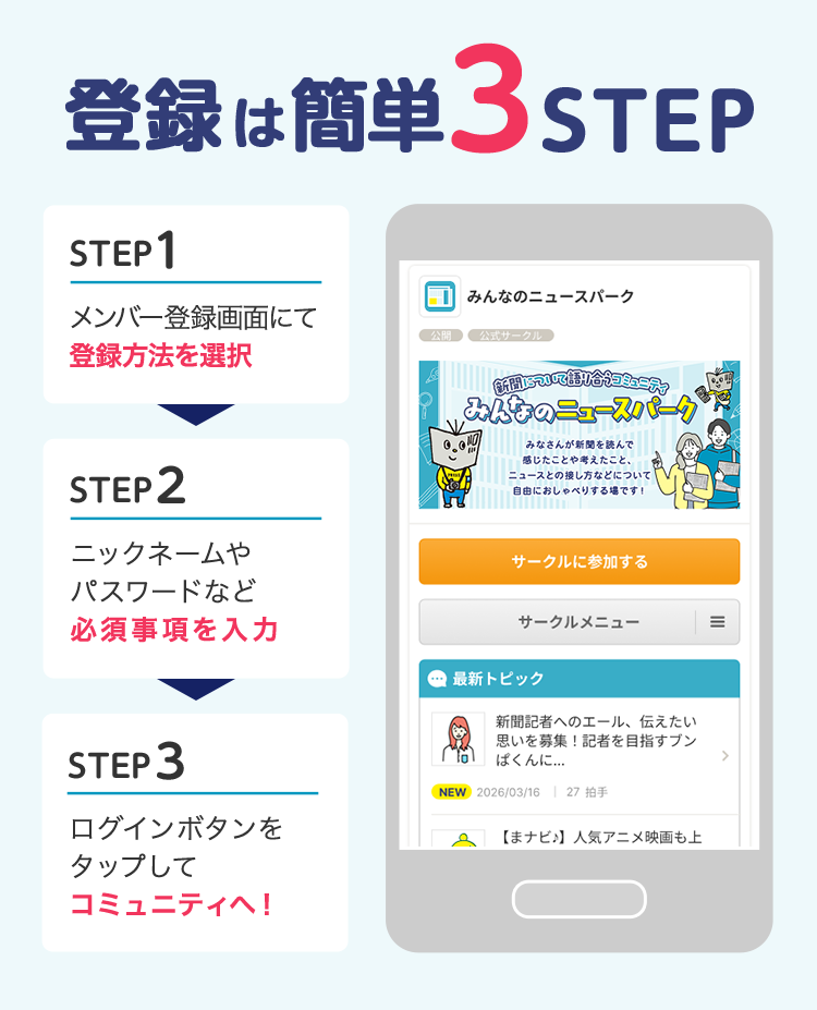 登録は簡単3STEP STEP1 メンバー登録画面にて登録方法を選択 STEP2 ニックネームやパスワードなど必須事項を入力 STEP3 ログインボタンをタップしてコミュニティへ！