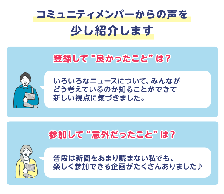 コミュニティメンバーからの声を少し紹介します 登録して“良かったこと”は？いろいろなニュースについて、みんながどう考えているのか知ることができて新しい視点に気づきました。参加して“意外だったこと”は？普段は新聞をあまり読まない私でも、楽しく参加できる企画がたくさんありました♪