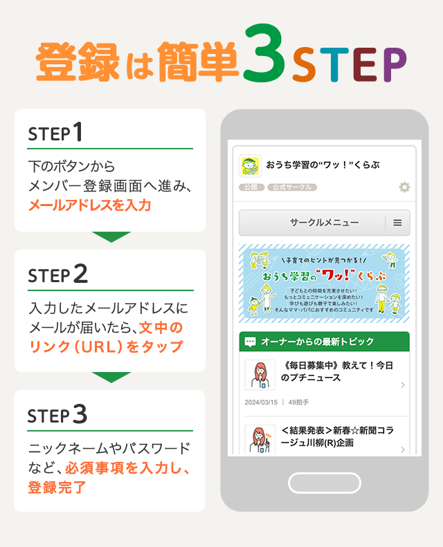 登録は簡単3STEP STEP1 下のボタンからメンバー登録画面へ進み、メールアドレスを入力。STEP2 入力したメールアドレスにメールが届いたら、文中のリンク（URL）をタップ。STEP3 ニックネームやパスワードなど、必須事項を入力し、登録完了。