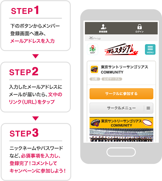 STEP1 下のボタンからメンバー登録画面へ進み、メールアドレスを入力 STEP2 入力したメールアドレスにメールが届いたら、文中のリンク（URL）をクリック STEP3 ニックネームやパスワードなど、必須事項を入力し、登録完了